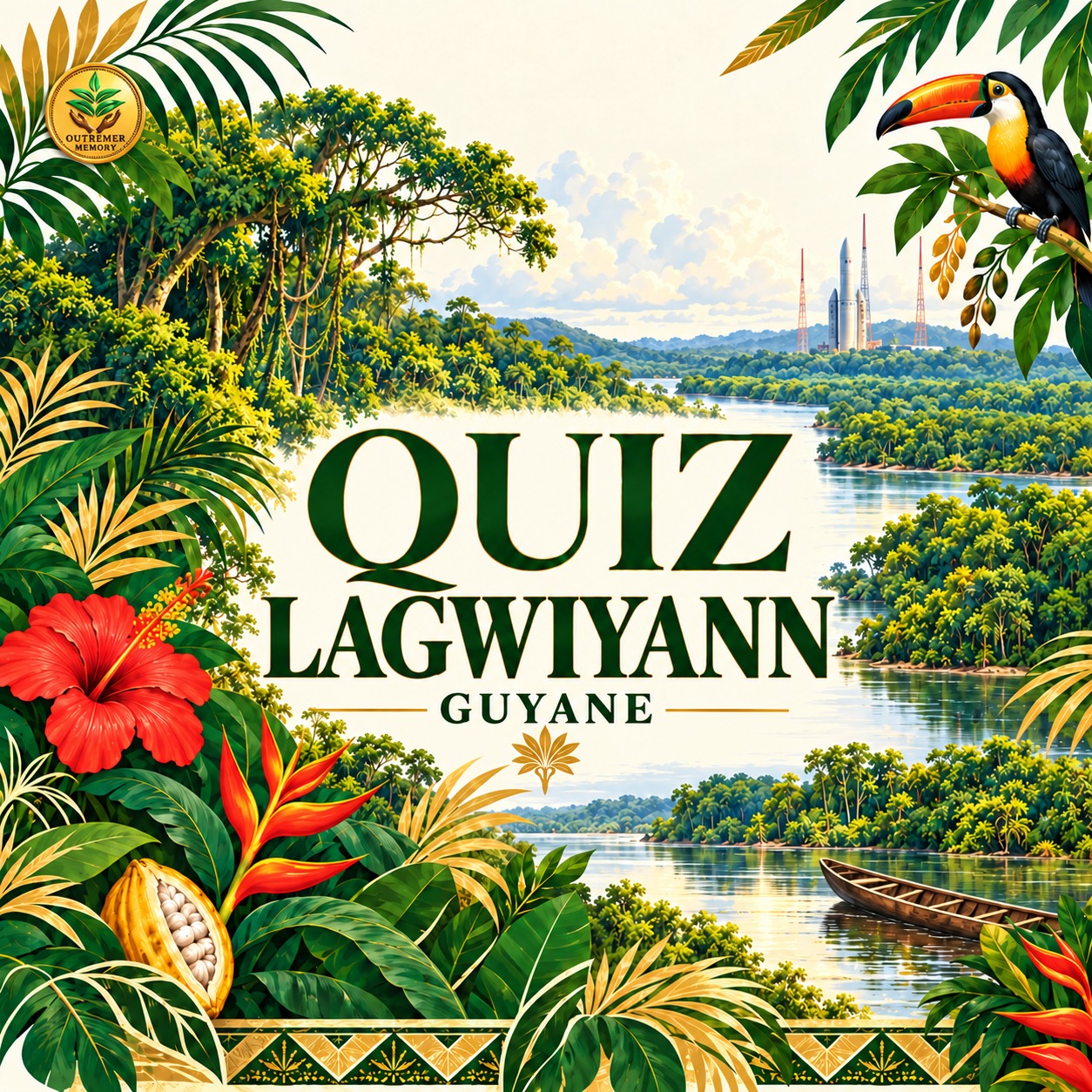 Quiz Lagwiyann — Guyane, illustration du territoire avec le logo Outremer Memory